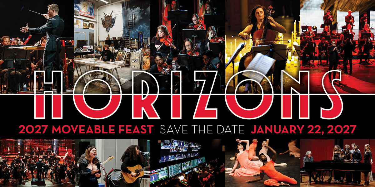 A "save the date" graphic for CCM's Moveable Feast Gala Fundraiser on Jan. 22, 2027. The theme of this year's event is "HORIZONS," and the decorative graphic features photos of various performances from last year's event.