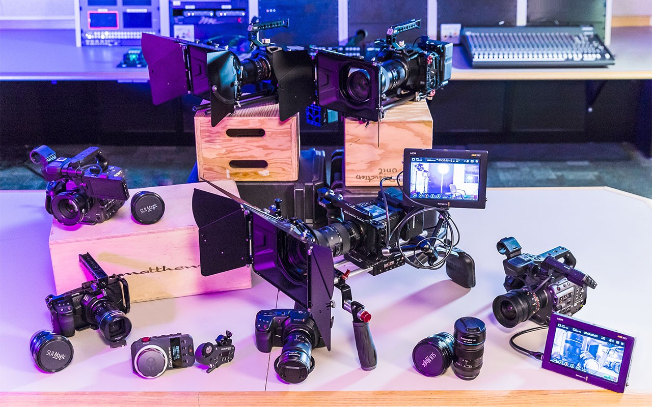 Camera equipment used by CCM Media Production students displayed in the studio