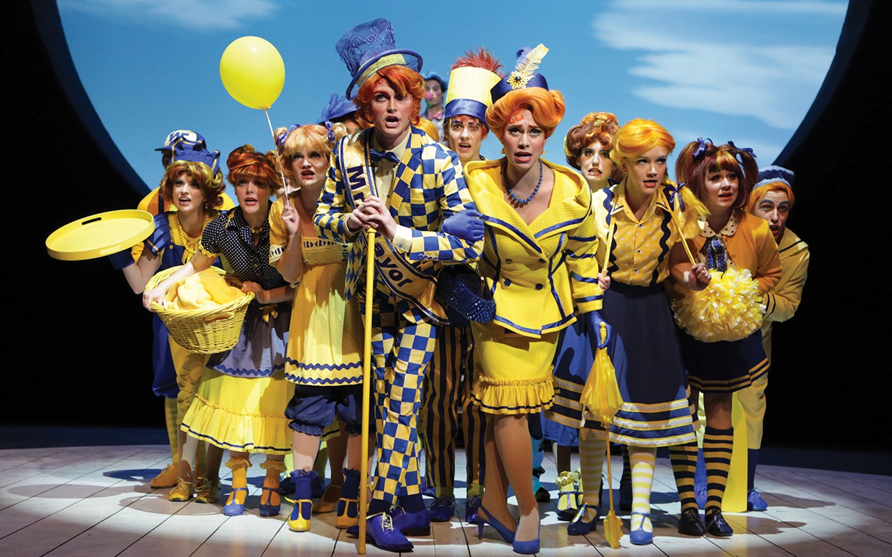 Musical Theatre students perform in yellow and blue costumes during Seussical The Musical