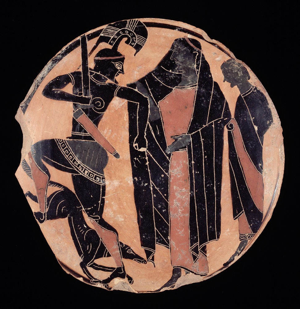 Recovery of Helen by Menealos, Athenian black-figure painting by Lydos, ca. 560-540 B.C.E. Johnson Museum of Art. 