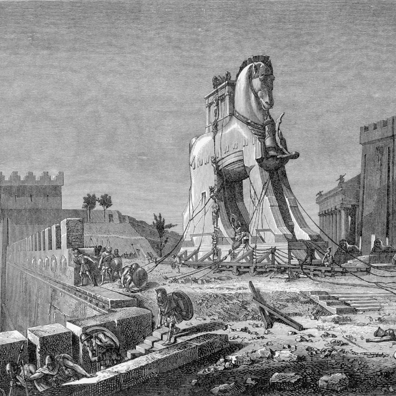 The Trojan Horse / Le cheval de Troie. Engraving (1875) after painting (1874) by Henri-Paul Motte; appeared in Magasin Pittoresque in 1875. Corcoran Gallery. 