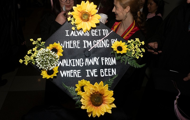 A decorated graduation cap from CCM's Spring 2019 Graduation Convocation Ceremony
